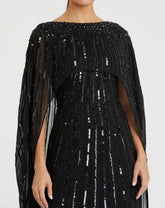 Black Embellished Beaded Column Cape Gown
